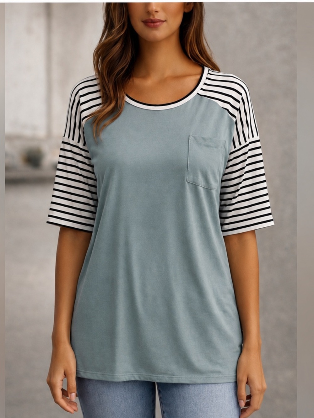 Never Worn Striped Sleeve Pocket Tee